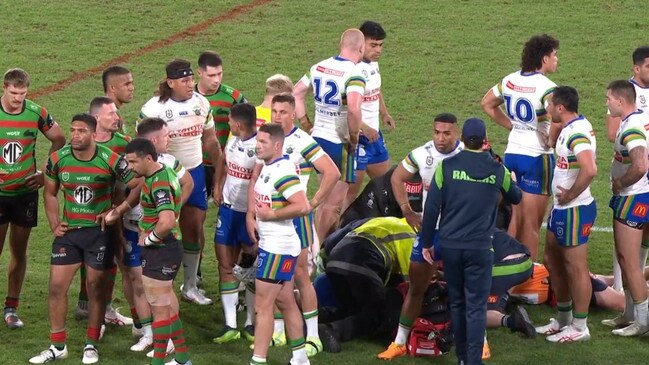 The players formed a shield around Harawira-Naera. Photo: Fox Sports