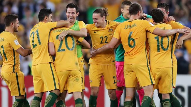 The Socceroos celebrate victory against Honduras. Picture: Getty Images