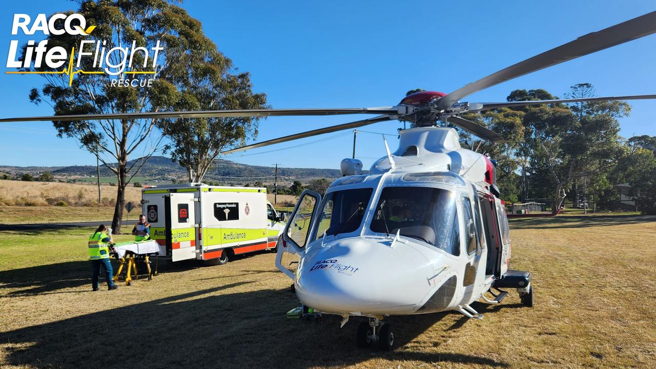 The Toowoomba-based RACQ LifeFlight Rescue helicopter crew has flown a police officer to hospital after he was injured in a crash on Wednesday. Picture: LifeFlight