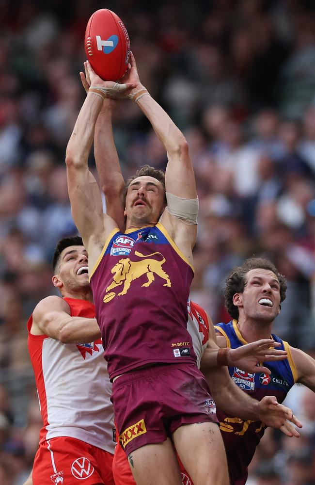 Joe Daniher attempts to take a mark during the Lions’ AFL Grand Final triumph. Picture: Getty Images