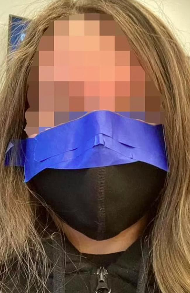 A Year 6 student sent a selfie to her mother with her mask taped to her face. Picture: Facebook