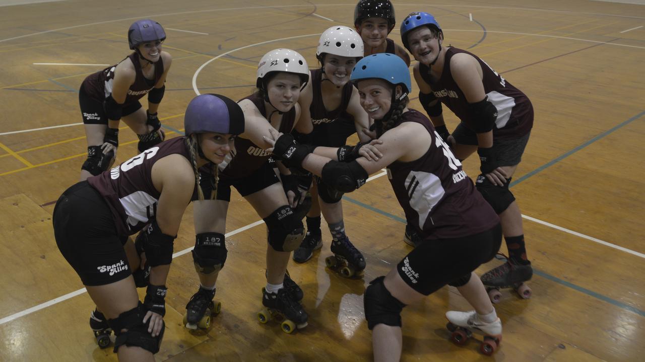 DERBY DAY: Toowoomba City Rollers are hosting a roller derby come and try day for interested rollers to come and have a crack this weekend. Olivia Lack, Maigen Shaw, Casey Anderson, Courtney Beahan, Mitchell Lorry, Jack Foran and Jasmin Dennis from The Toowoomba City Rollers work on a starting drill following their Australia National Roller Derby Championship title win.