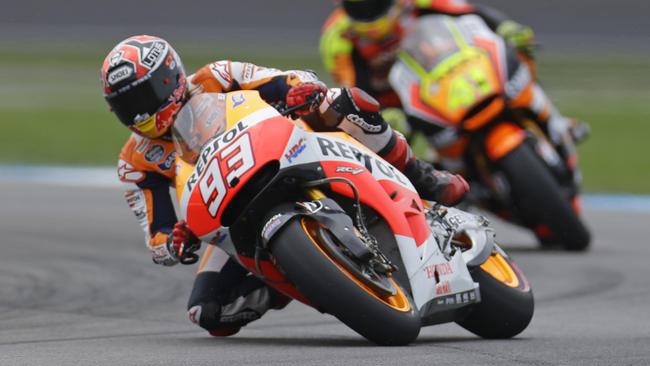 Marc Marquez leads fellow Spaniard Aleix Espargaro in practice.