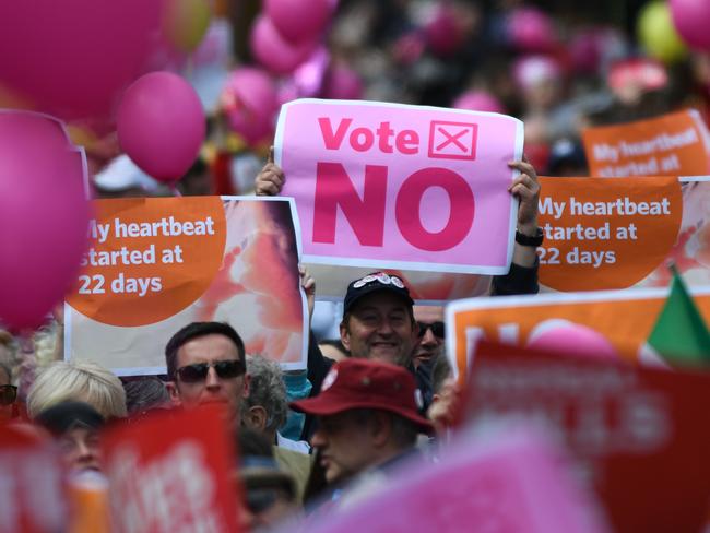 People hold up placards during a "Stand up for Life" rally calling for a No vote in the upcoming referendum, to preserve the eighth amendment of the Irish constitution. Picture: AFP/Artur Widak