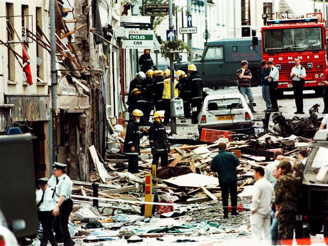 An IRA fatal car bomb explosion on Market Street during Omagh Carnival in Northern Ireland. More than 3500 people died in the 30 years of The Troubles conflict.