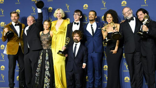 The cast of Game of Thrones pose with the Emmy for Outstanding Drama Series during the 70th Emmy Awards at the Microsoft Theatre in Los Angeles, California on September 17, 2018. (Photo by VALERIE MACON / AFP)