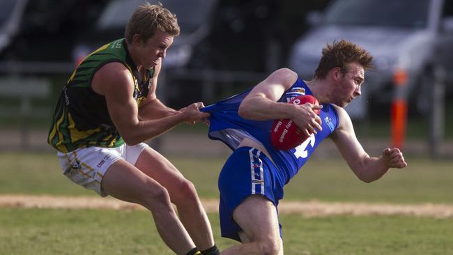 Dromana’s Mitch Gill-Furness claims Blue Nathan Gray. Picture: Richard Serong