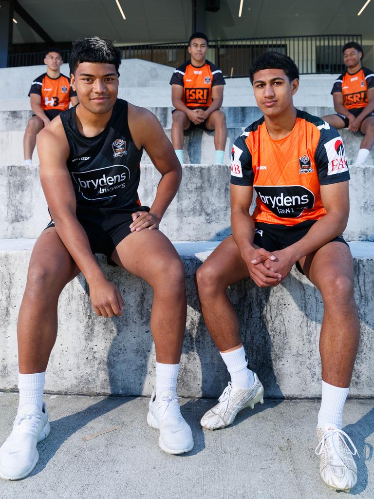 Wests Tigers rising stars include from left Phoenix Godinet, Heamasi (foreground left), Christian Tapau-Moors, Onitoni Large, and Peter Tai. Picture by Max Mason-Hubers