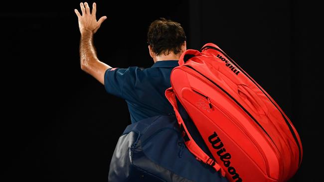 Roger Federer waves goodbye to the crowd after his loss to Stefanos Tsitsipas. Picture: AFP Photo 