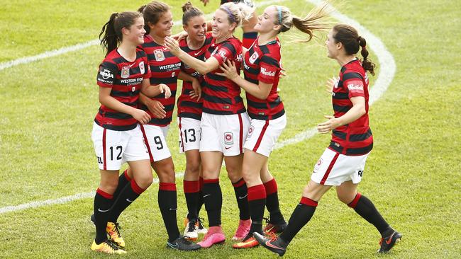 Wanderers celebrate during their match against Adelaide United on November 20. Photo: Daniel Munoz