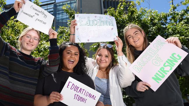 Interstate university students (from left) Shelby Dedman, Makayla Hudson, Caitlyn Legg and Lucinda Stephens got into coursesds with early offers. Picture: Josie Hayden