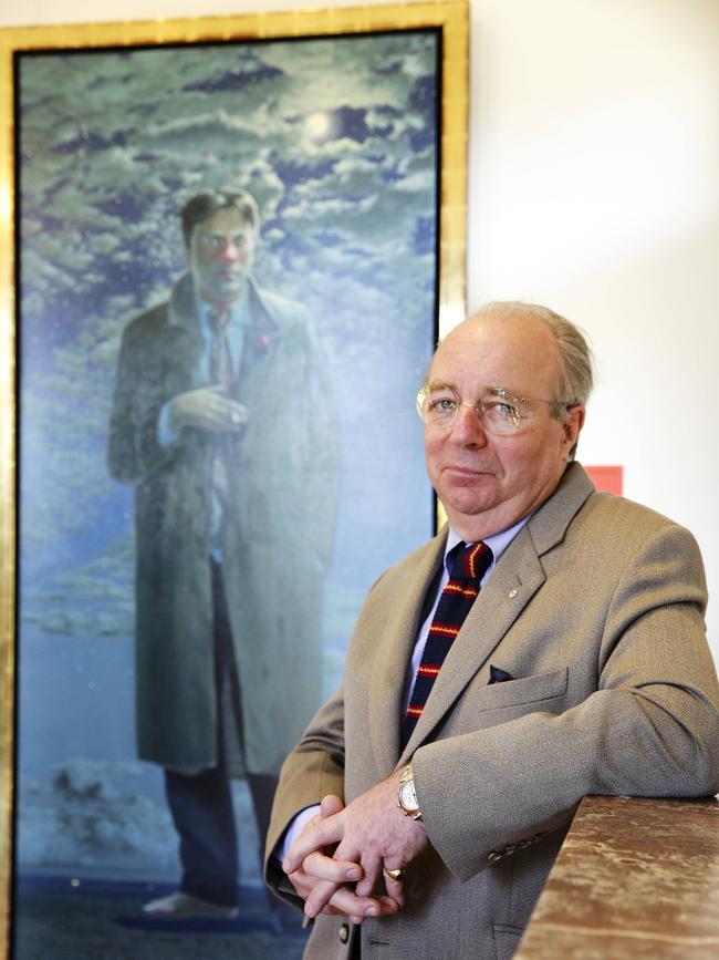 Acclaimed artist Tim Storrier and his prizewinning painting, a portrait of McLean Edwards which won the 2017 Doug Moran National Portrait Prize for his portrait of McLean Edwards. Picture: Justin Lloyd.