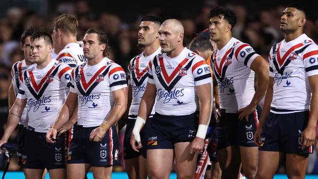 PENRITH, AUSTRALIA - SEPTEMBER 13: Roosters players look on after conceding a try during the NRL Qualifying Final match between Penrith Panthers and Sydney Roosters at BlueBet Stadium on September 13, 2024 in Penrith, Australia. (Photo by Cameron Spencer/Getty Images)