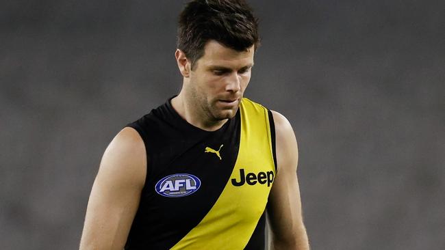 MELBOURNE, AUSTRALIA - AUGUST 13: Trent Cotchin of the Tigers looks dejected after a loss during the 2021 AFL Round 22 match between the GWS Giants and the Richmond Tigers at Marvel Stadium on August 13, 2021 in Melbourne, Australia. (Photo by Michael Willson/AFL Photos via Getty Images)