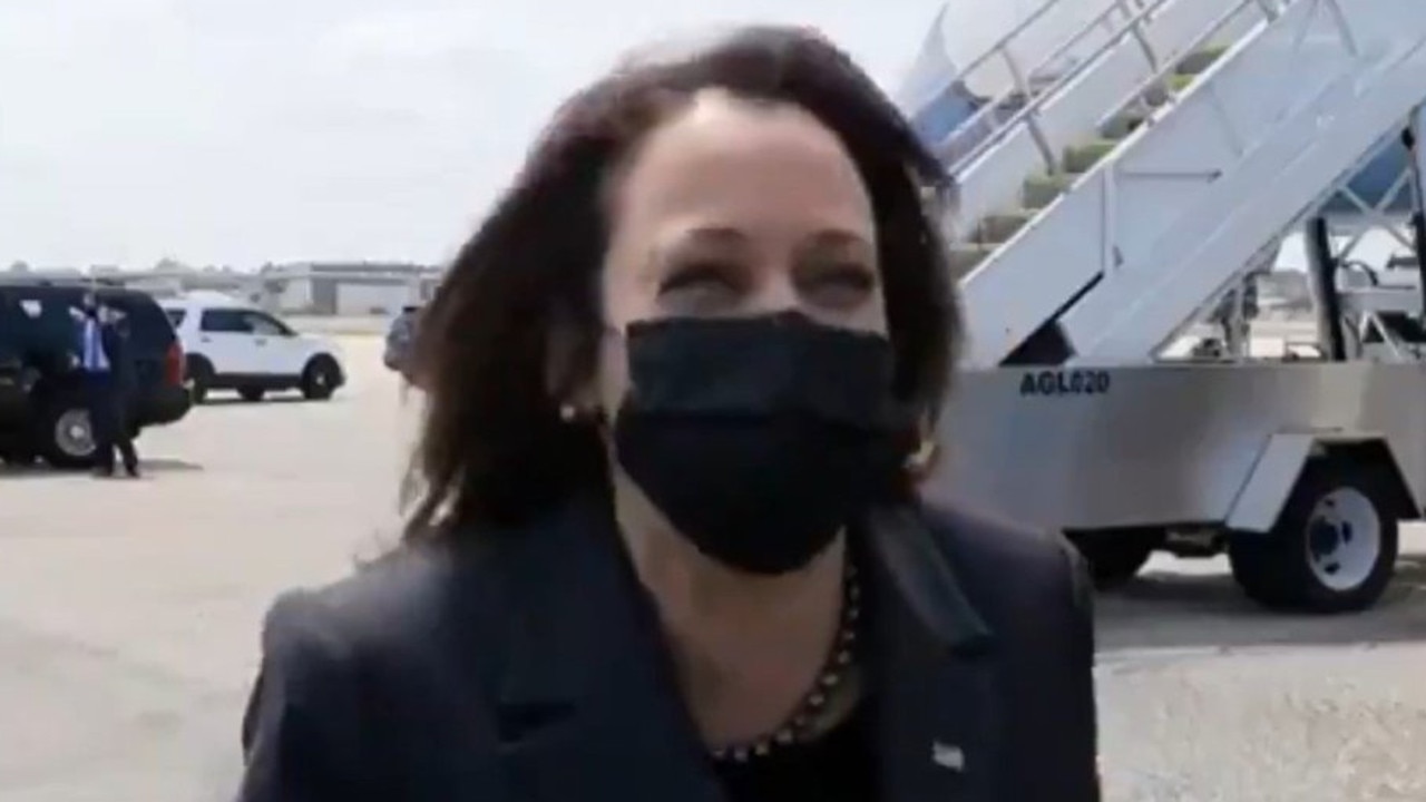 ‘Not today,’ Vice President Kamala Harris responded when asked if she had plans to visit the border, before bursting out into laughter outside of air force One. Picture: CBS News 47