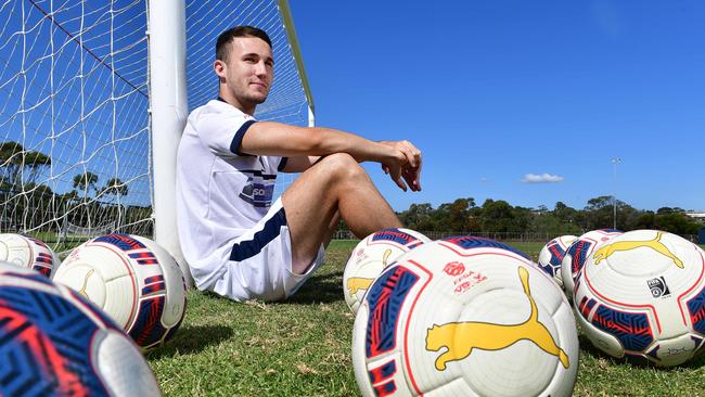 14/4/17. Adam Thurston - 22yrs was in Manchester United's youth system for eight years - now he's playing soccer for the South Adelaide Panthers Seniors. Pic: Keryn Stevens