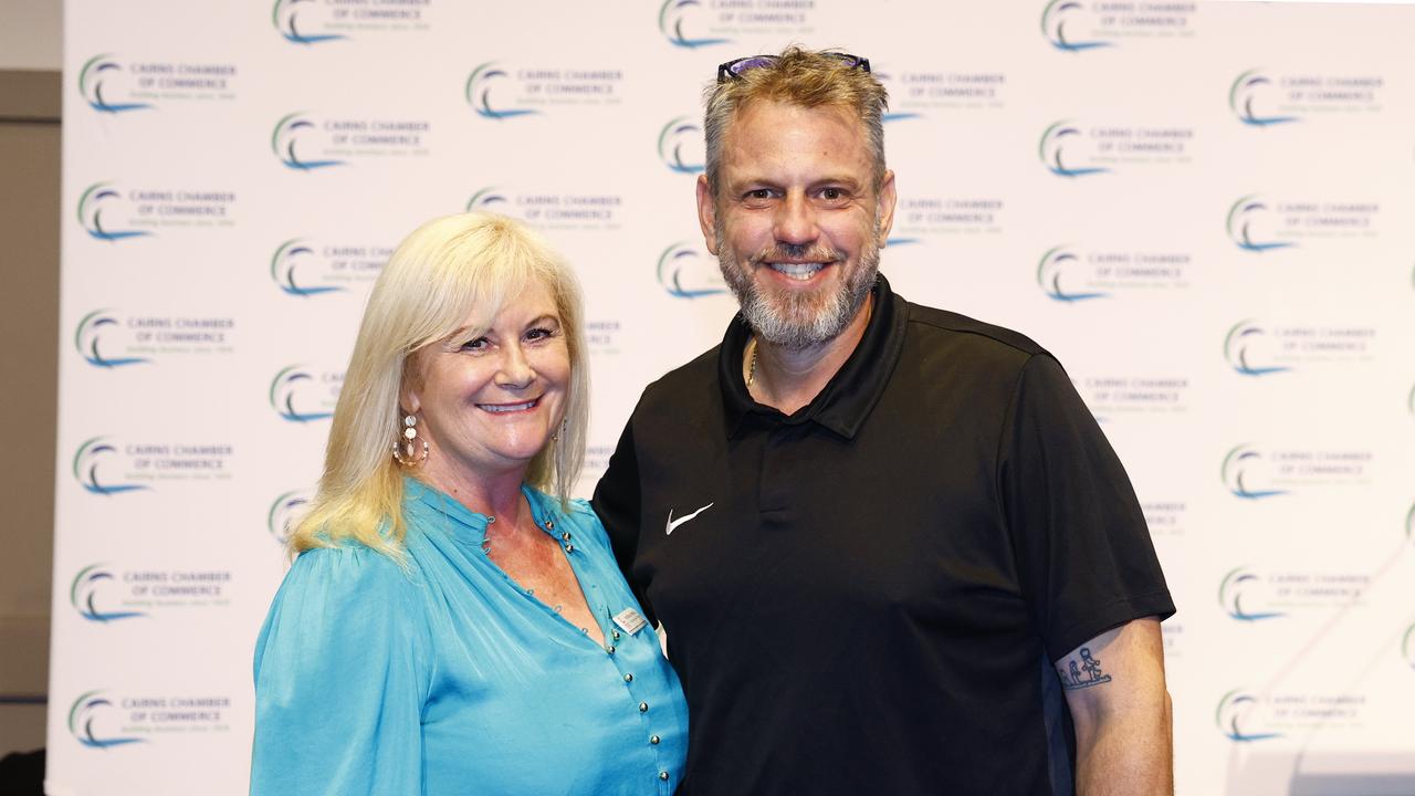 Patricia O'Neill and Roderic Rees at the Cairns Chamber of Commerce February business lunch - Tourism Industry Update &amp; Outlook, held at the Pullman International hotel. Picture: Brendan Radke