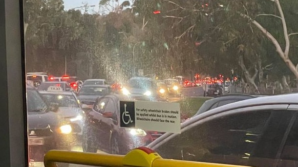 The view of the traffic jam from a bus stuck on Glen Osmond Rd, near the city. Picture: Ryan Pi