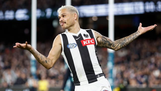 MELBOURNE, AUSTRALIA – MAY 03: Bobby Hill of the Magpies celebrates a goal during the 2024 AFL Round 08 match between the Carlton Blues and the Collingwood Magpies at The Melbourne Cricket Ground on May 03, 2024 in Melbourne, Australia. (Photo by Michael Willson/AFL Photos via Getty Images)