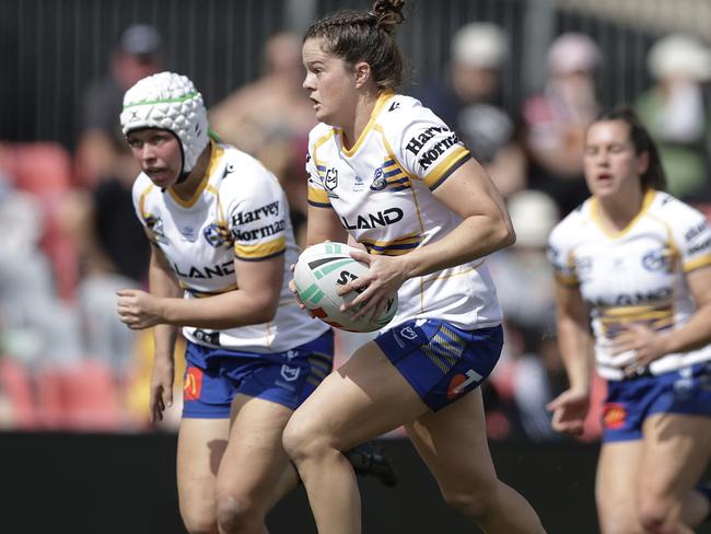 BRISBANE, AUSTRALIA - AUGUST 11: Rachael Pearson of the Eels in action during the round three NRLW match between North Queensland Cowboys and Parramatta Eels at Totally Workwear Stadium on August 11, 2024 in Brisbane, Australia. (Photo by Russell Freeman/Getty Images)