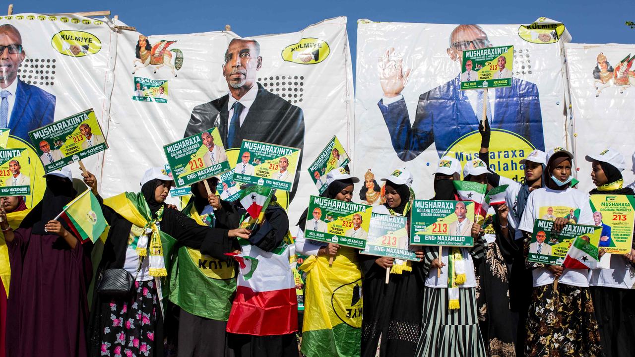 Supporters dance and chant during a rally of the ruling Kulmiye Party for Somaliland’s elections. Picture: Mustafa Saeed/AFP