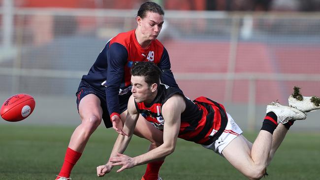 Lauderdale recruit Luke Nelson, seen here in action against North Hobart last month, kicked three first-quarter goals against the Tigers. Picture: NIKKI DAVIS-JONES