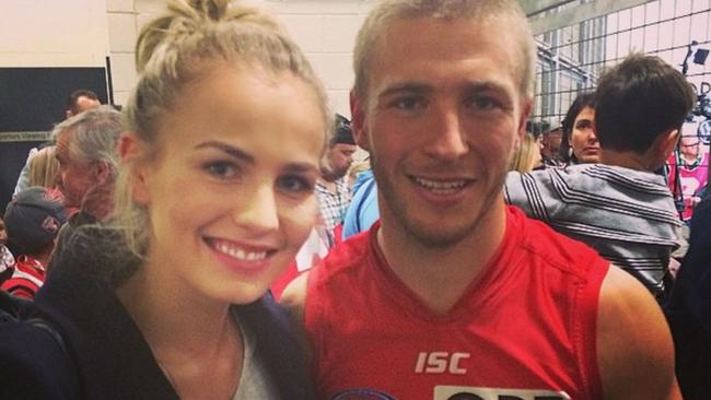 Kieren Jack with girlfriend Charlotte Goodlet in the Sydney Swans changerooms. Source: INSTAGRAM