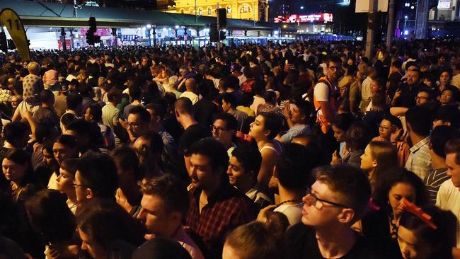 Crowds gather at Federation Square to ring in the new year on December 31, 2019. Picture: Steve Tanner