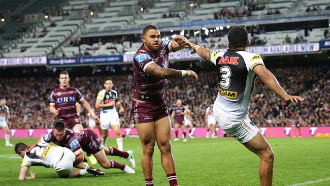 Manly's Dylan Walker pushes Penrith's Tyrone Peachey during the Manly v Penrith Elimination Final at Allianz Stadium, Sydney. Picture: Brett Costello