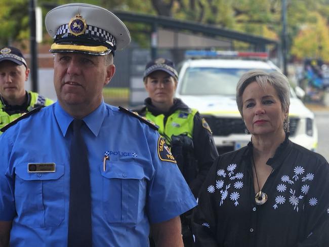 Glenorchy Inspector Jason Klug and Glenorchy Mayor Sue Hickey speak to the media at Glenorchy on Tuesday April 29, 2025.