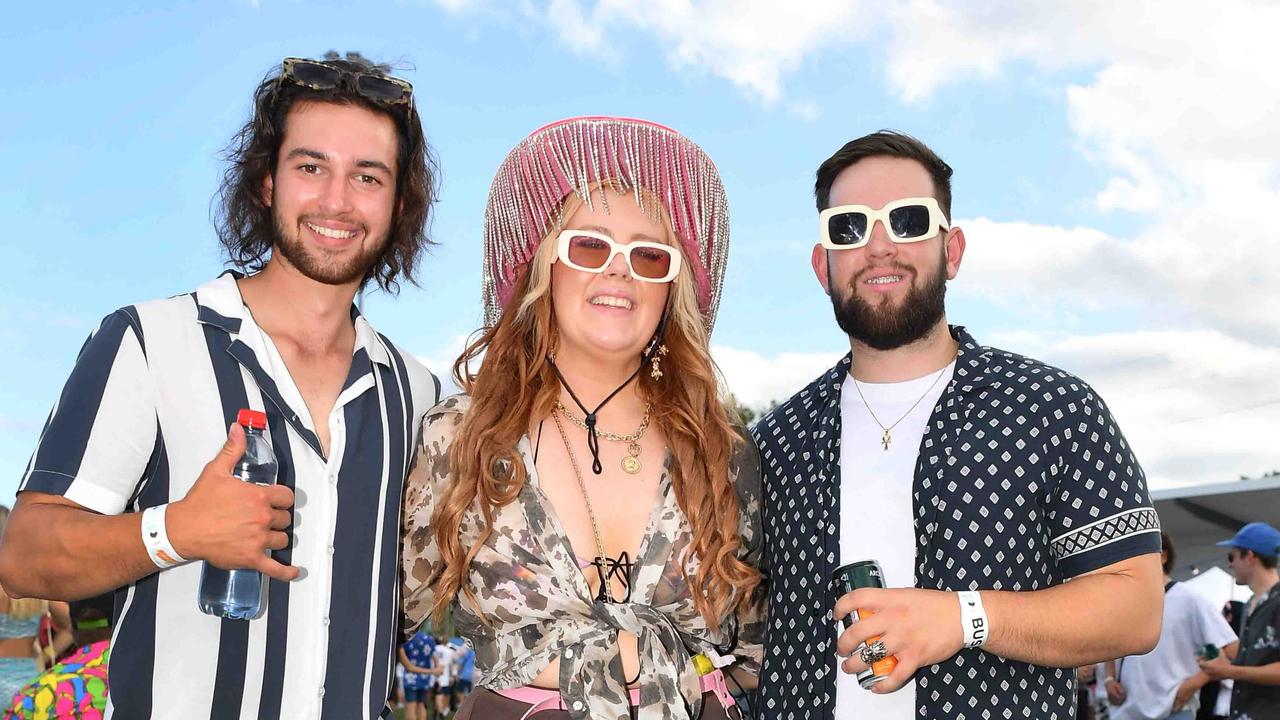 Matthew Sofianos, Kayla Bone and James Sofianos at Groovin the Moo, Sunshine Coast 2023. Picture: Patrick Woods.