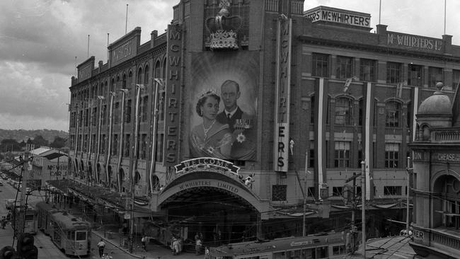 Royal tour decorations on the McWhirters building in Fortitude Valley. Picture: Bob Millar Jnr/The Courier-Mail Photo Archive