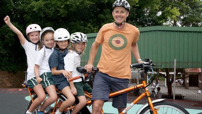 Clovelly Public School students Lilla, Ruby, Stella and Nico with parent Sebastian Smythe held an electric bike festival on Tuesday ahead of Ride2School day this Friday. Picture: Craig Wilson.