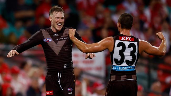 James Sicily and Jack Ginnivan celebrates the win over the Swans. (Photo by Michael Willson/AFL Photos via Getty Images)