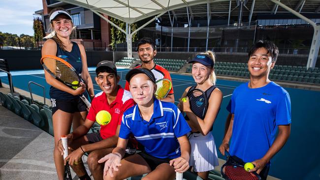 Both junior and senior Tennis SA State League grand finals will be broadcast on The Advertiser website. Mia Tsoukalas (Glenlea), Hemang Gaur (EAP), Taylah Lessue (Athelstone), Ashwin Vijayaragavan (Tea Tree Gully), Kate Brzostek (Seacliff) and Eddie Vo (Seaside) at Memorial Drive ahead of the big matches. Picture: Tom Huntley