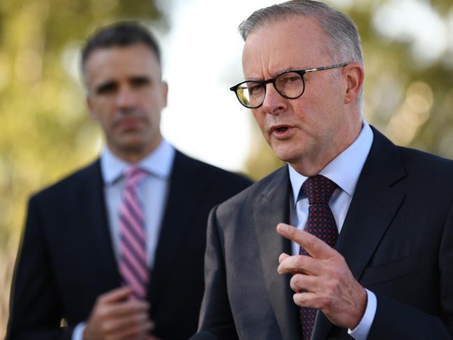 ADELAIDE, AUSTRALIA - NewsWire Photos APRIL 8, 2022: The Leader of the Australian Labor Party, Anthony Albanese, in Adelaide, with the Premier of South Australia, Peter Malinauskas, (left). They are pictured at Pinky Flat.  Picture: NCA NewsWire / Naomi Jellicoe