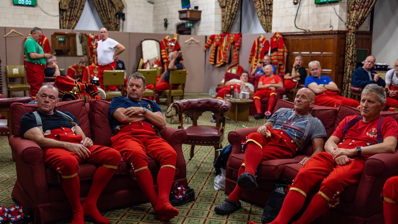 A rare look at the Household Division as members relax in between guarding the Queen’s coffin. Picture: UK Ministry of Defence