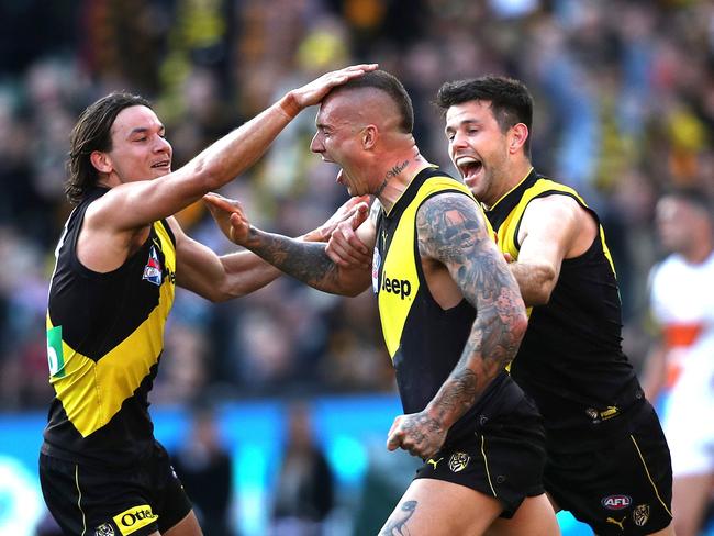 A pat on the head for Richmond's Dustin Martin after last quarter goal during the AFL Grand Final between the GWS Giants and Richmond Tigers at the MCG on September 28, 2019 in Melbourne. Picture. Phil Hillyard