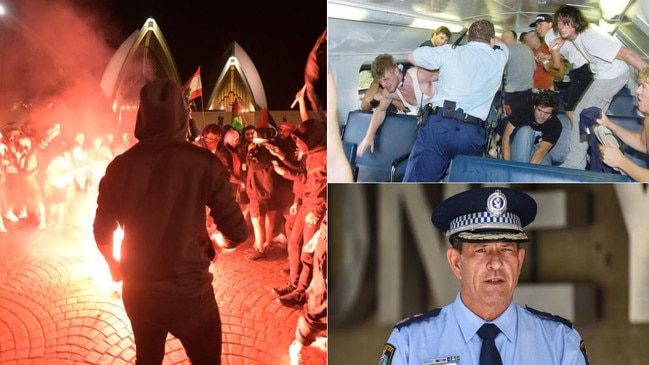 Wild scenes on Monday night, left, and the Cronulla riots, top right, and acting Police Commissioner Dave Hudson, bottom right.