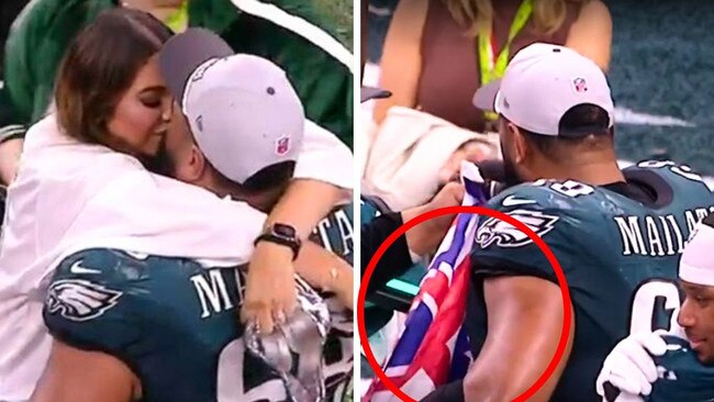 Philadelphia Eagles offensive tackle Jordan Mailata has officially become the first Aussie to play in and win a Super Bowl. Image: Kayo