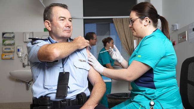 Police Inspector Owen Hortz was the first police officer to receive the COVID-19 vaccine at Gold Coast University Hospital on February 22. Photo by Nigel Hallett