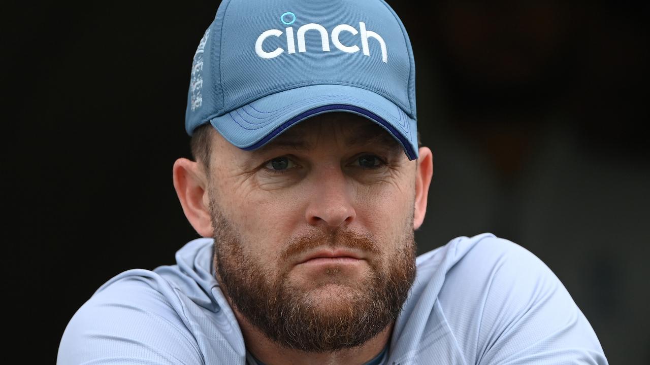 BIRMINGHAM, ENGLAND - JULY 05: England coach Brendon McCullum looks on from the balcony during the Fifth and final day of the Fifth Test Match between England and India at Edgbaston on July 05, 2022 in Birmingham, England. (Photo by Stu Forster/Getty Images)