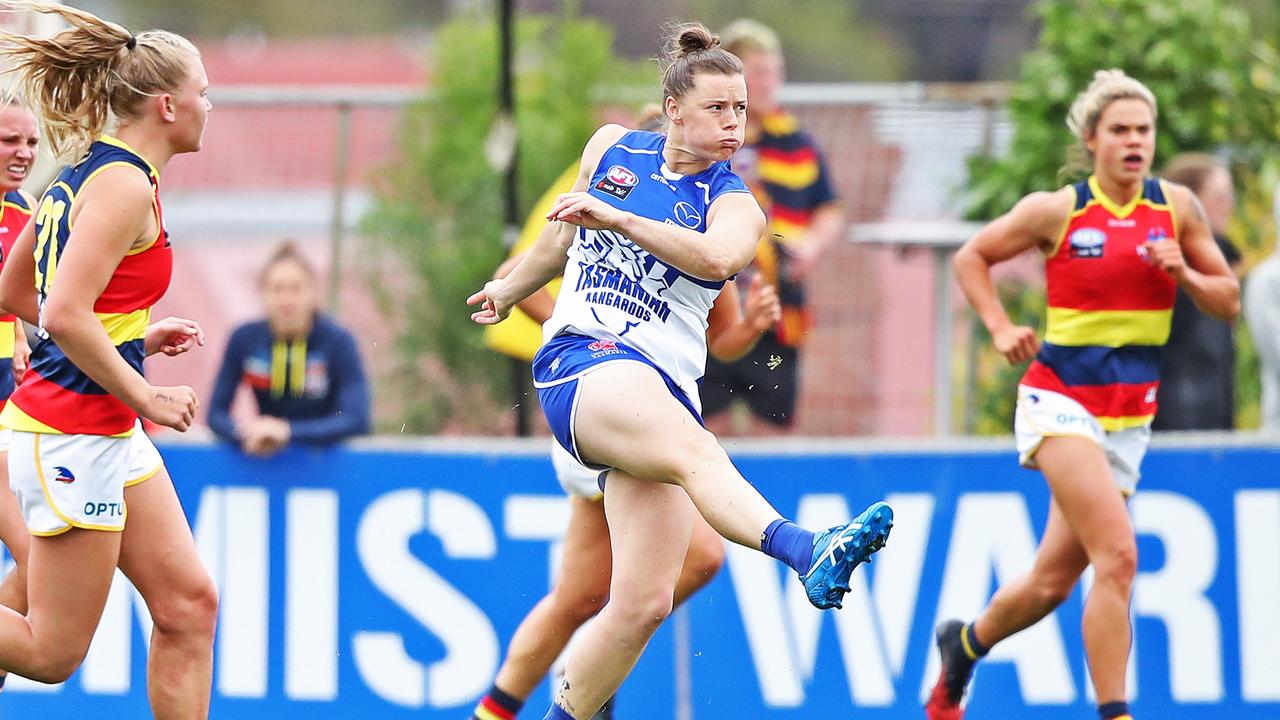 Action from the round 5 AFLW match between North Melbourne and the Adelaide Crows at North Hobart Oval. Picture: Zak Simmonds