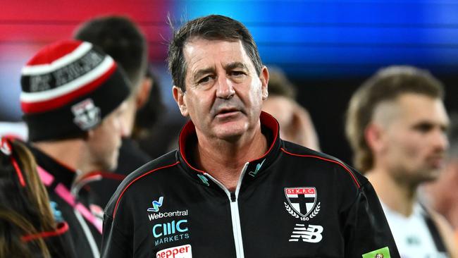 MELBOURNE, AUSTRALIA - JUNE 23: Saints head coach Ross Lyon walks away from talking to his players during the round 14 AFL match between St Kilda Saints and Brisbane Lions at Marvel Stadium, on June 23, 2023, in Melbourne, Australia. (Photo by Quinn Rooney/Getty Images)