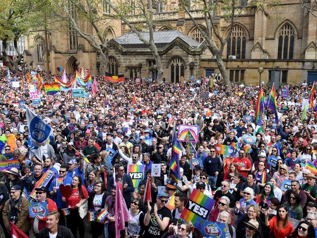 Protesters gather for a rally in support for marriage equality in Sydney on Sunday. Picture: AAP