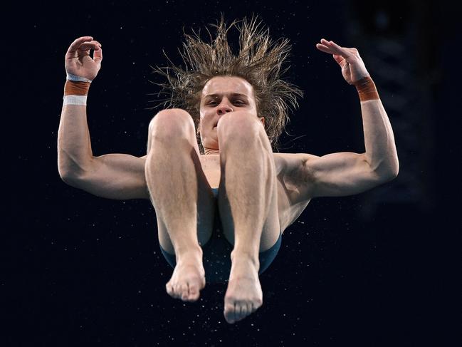 Australia's Cassiel Rousseau in the preliminary round of the men's 10m platform diving event. Picture: AFP