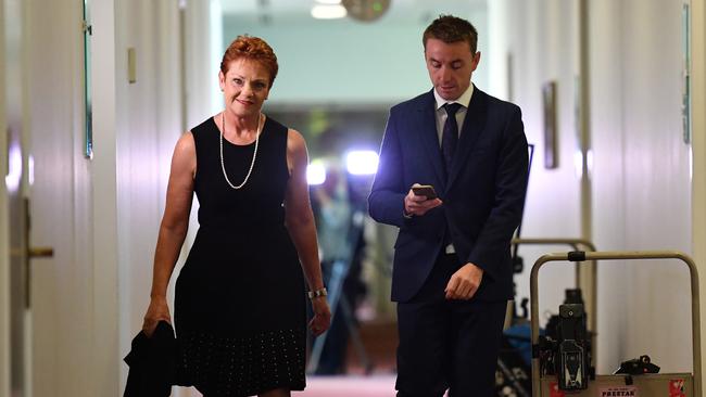 One Nation leader Pauline Hanson and James Ashby. Picture: AAP Image/Mick Tsikas