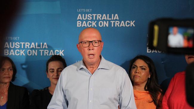 Federal Opposition leader Peter Dutton with NT Chief Minister Lia Finocchiaro, CLP Lingiari candidate Lisa Sibert, and Shadow Indigenous Australians Minister Jacinta Nampijinpa Price in Alice Springs. Picture: Gera Kazakov