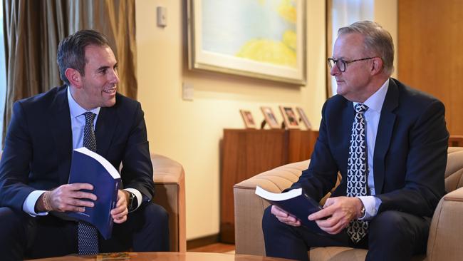 CANBERRA, AUSTRALIA - MAY 8: Prime Minister Anthony Albanese and Treasurer Jim Chalmers in the PM's office at Parliament House in Canberra.. Picture: NCA NewsWire / Martin Ollman