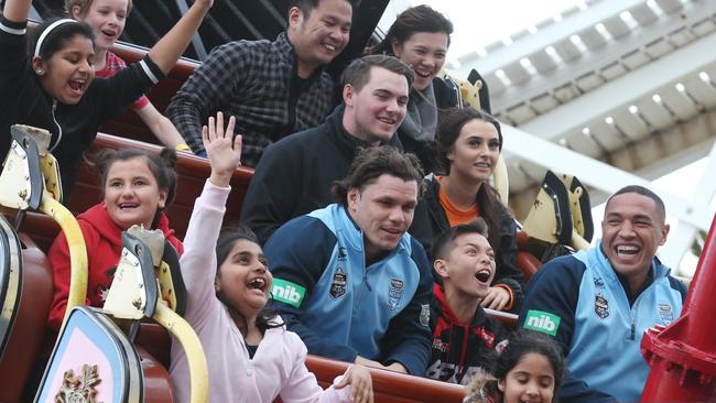 James Roberts and Tyson Frizell on a ride at Melbourne’s Luna Park yesterday. Picture: AAP